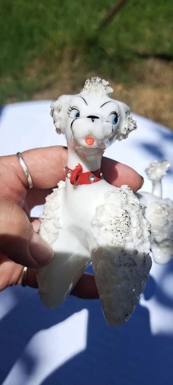 Vintage Lipper & Mann L&M Japan Spaghetti Poodle Figurine White Red Collar 4.5